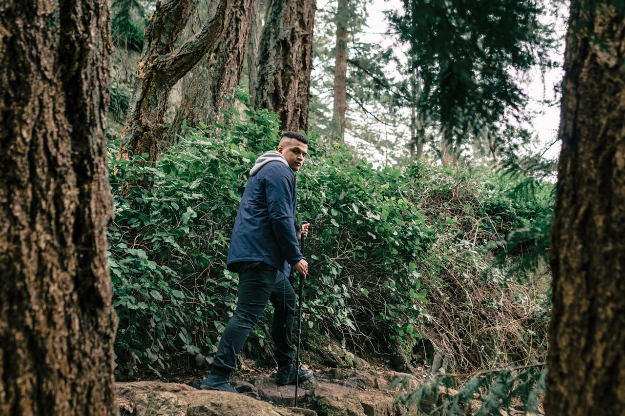 Man hiking through lush forest trail using trekking poles, enjoying nature.